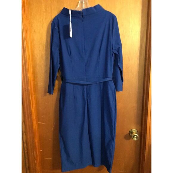 NWT Muxxn Modest Midi Dress Women 2XL High Neck Royal Blue Fitted Belt Minimal - Picture 3 of 14
